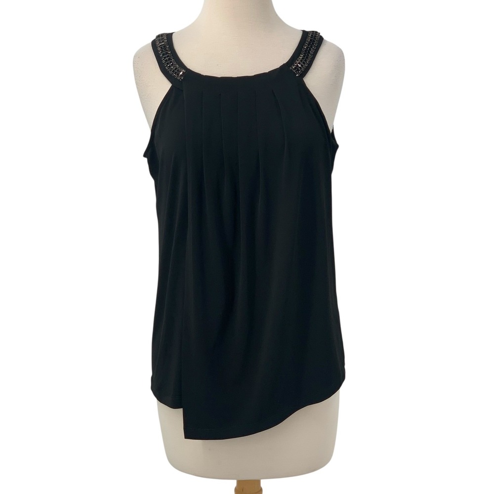 Calvin Klein Women's Black Sleeveless Beaded Shoulder Pleated Front Top Size M‎